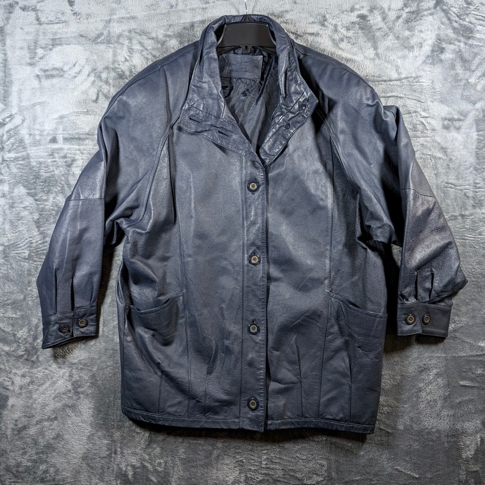 Jacqueline Ferraro Navy Blue Genuine Leather Jacket Vintage Button Front Large